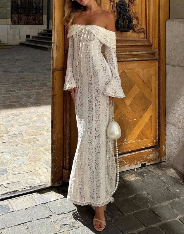 Daysi Off Shoulder Lace Maxi Dress Elegant Maxi Dress with Ruffles