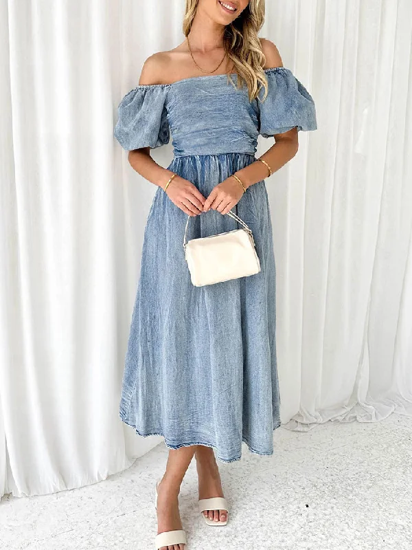 Deinm Off Shoulder Puff Sleeve Maxi Dress Classic Black Maxi Dress