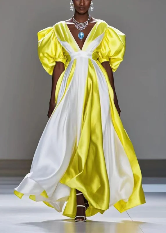 DIY Colorblock Puff Sleeve Patchwork Exra Large Hem Silk Maxi Dresses Elegant Maxi Dress with Lace DIY Colorblock Puff Sleeve Patchwork Exra Large Hem Silk Maxi Dresses Elegant Maxi Dress with Lace