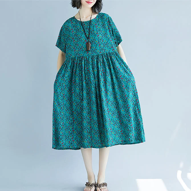 Elegant green cotton linen shift dress oversized maxi dress Fine short sleeve O neck floral cotton linen clothing Trendy Maxi Dress with Belt