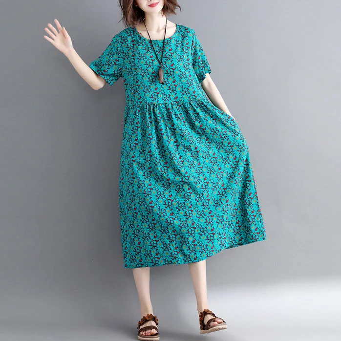 Elegant green print cotton linen maxi dress trendy plus size short sleeve long dresses New o neck clothing dresses Comfortable Flowy Maxi Dress
