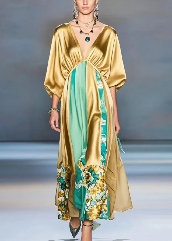 Elegant Orange Deep-V Neck Patchwork Silk Maxi Dresses Batwing Sleeve Stylish Maxi Dress with Frills