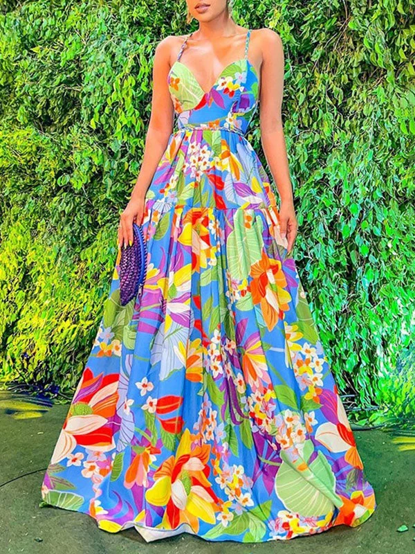 Floral Backless Camisole Maxi Dress Chic Boho Print Maxi Dress