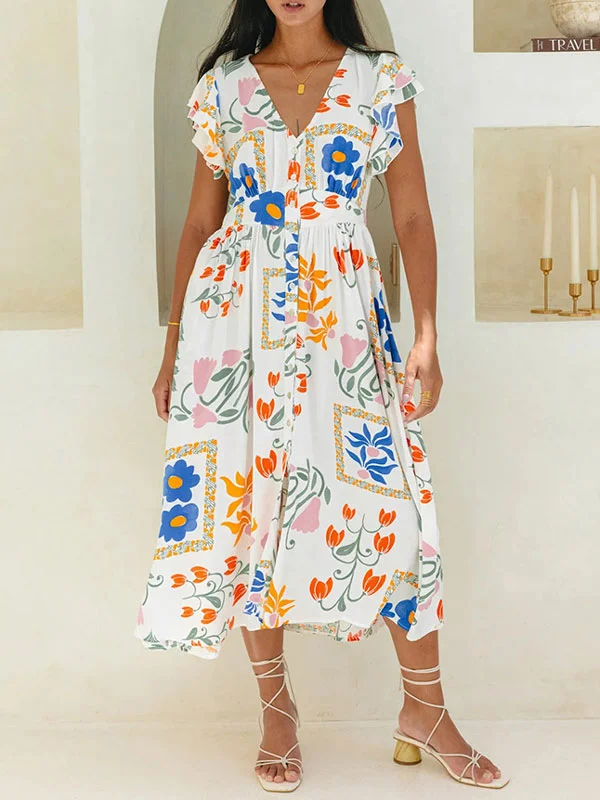 Floral Printed V Neck Cute Maxi Dress Fashionable Chiffon Maxi Dress