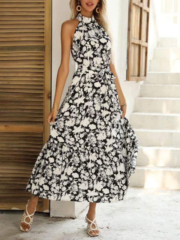 Floral Sleeveless Halterneck Maxi Dress Fashionable High-Low Maxi Dress