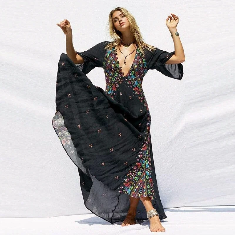 JuliaFashion-Floral Vibes V-Neck Irregular Maxi Dress Elegant Maxi Dress with Lace