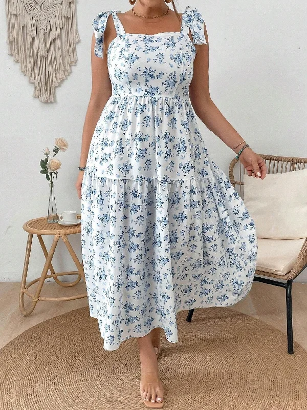 Flower Print Knot Strap Maxi Dress Comfortable Maxi Dress with Sleeves