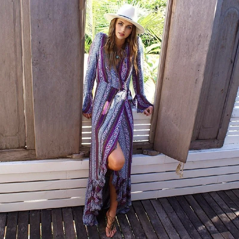 JuliaFashion-Free Spirit V-Neck Long Sleeve Maxi Dress Cozy Knit Maxi Dress