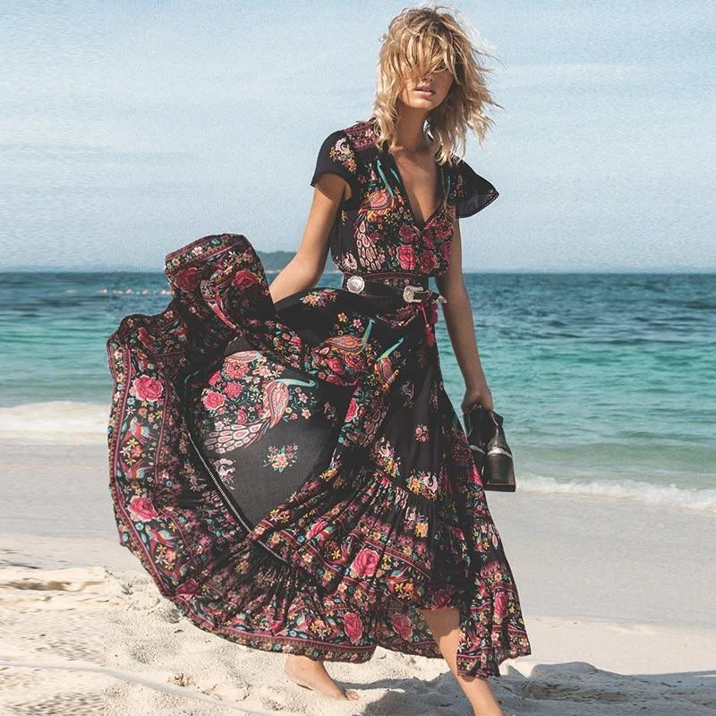 JuliaFashion-Gypsy Style Black Beach Maxi Dress Stylish Boho Chic Maxi Dress