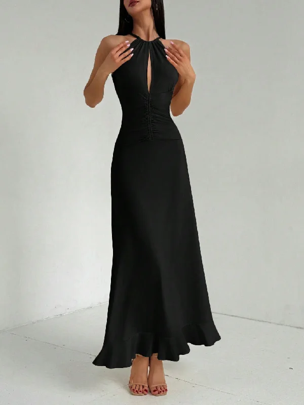 Halter Hollow Out Sleeveless Maxi Dress Comfortable Pleated Maxi Dress