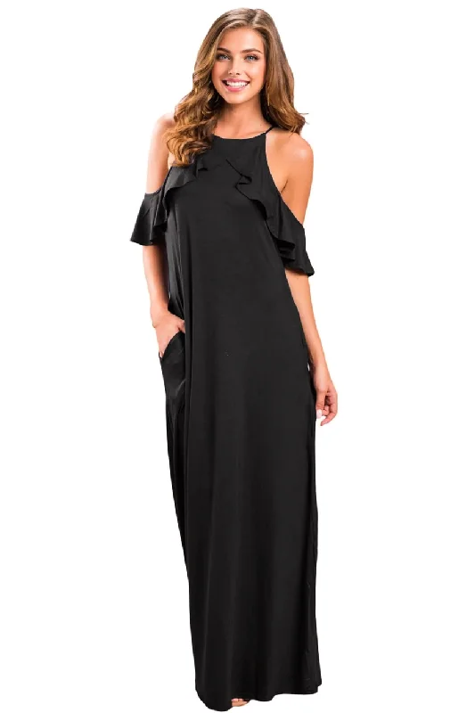 JuliaFashion-Black Ruffle Sleeve Cold Shoulder Maxi Dress Trendy Fit-and-Flare Maxi Dress JuliaFashion-Black Ruffle Sleeve Cold Shoulder Maxi Dress Trendy Fit-and-Flare Maxi Dress