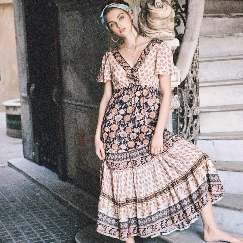 JuliaFashion-Boho Chic Floral Print Bat Sleeve Maxi Dress Elegant Silk Maxi Dress