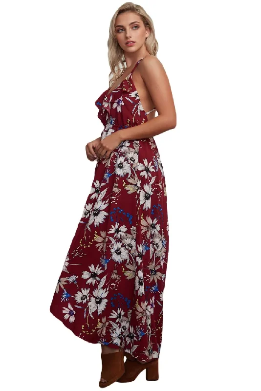 JuliaFashion-Burgundy Floral Chiffon Spaghetti Straps Maxi Dress Trendy Floral Print Maxi Dress JuliaFashion-Burgundy Floral Chiffon Spaghetti Straps Maxi Dress Trendy Floral Print Maxi Dress