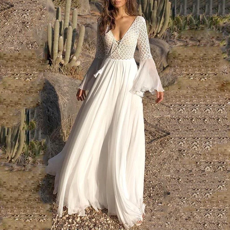 JuliaFashion-Long Flare Sleeve V-Neck White Hollow Lace Maxi Dress Fashionable Chiffon Tiered Maxi Dress