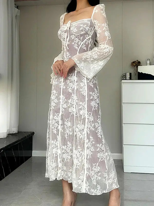 Long Sleeve Square Neck Lace Maxi Dress Elegant Maxi Dress with Pockets