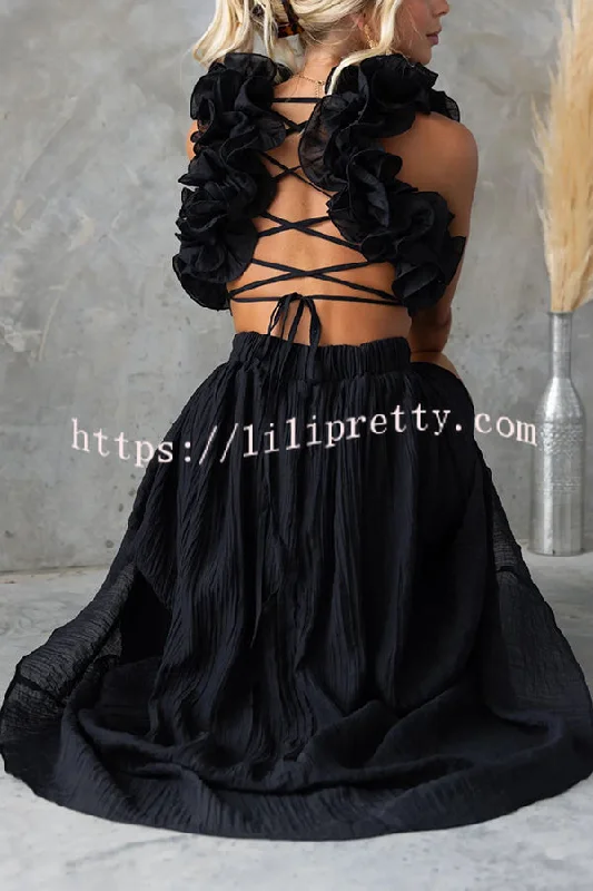 Lilipretty Luxe Lady Floral Ruffle Detail Back Lace-up Elastic Waist Maxi Dress Cozy Knitted Maxi Dress Lilipretty Luxe Lady Floral Ruffle Detail Back Lace-up Elastic Waist Maxi Dress Cozy Knitted Maxi Dress