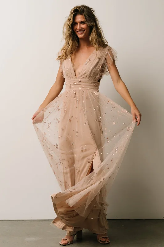 Nova Shimmer Maxi Dress | Natural + Blush Elegant Sleeveless Maxi Dress