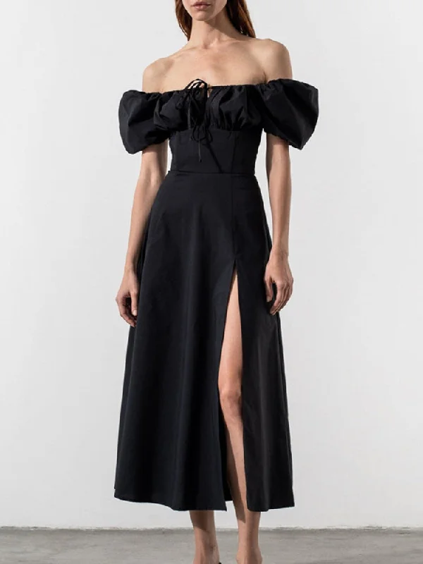 Off Shoulder Puff Sleeve Split Maxi Dress Classic V-Neck Maxi Dress