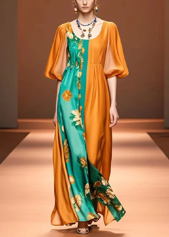 Orange Patchwork Silk Maxi Dresses U Neck Lantern Sleeve Cozy Open-Back Maxi Dress
