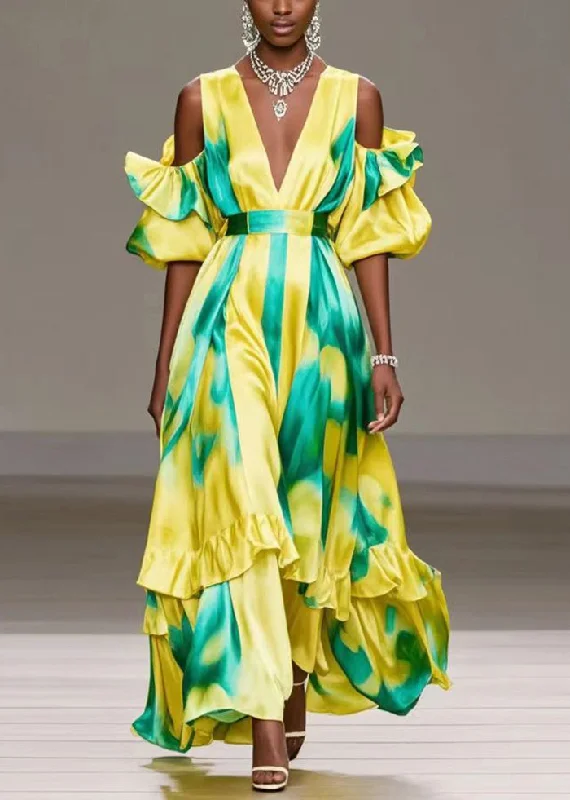 Simple Yellow Cold Shoulder Tie Dye Ruffles Silk Maxi Dress Summer Elegant Silk Maxi Dress Simple Yellow Cold Shoulder Tie Dye Ruffles Silk Maxi Dress Summer Elegant Silk Maxi Dress