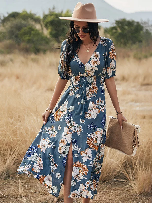 JuliaFashion - 2024 Women V-Neck Short Sleeve Bandage High Waist Print Maxi Dresses Chic Summer Floral Maxi Dress JuliaFashion - 2024 Women V-Neck Short Sleeve Bandage High Waist Print Maxi Dresses Chic Summer Floral Maxi Dress