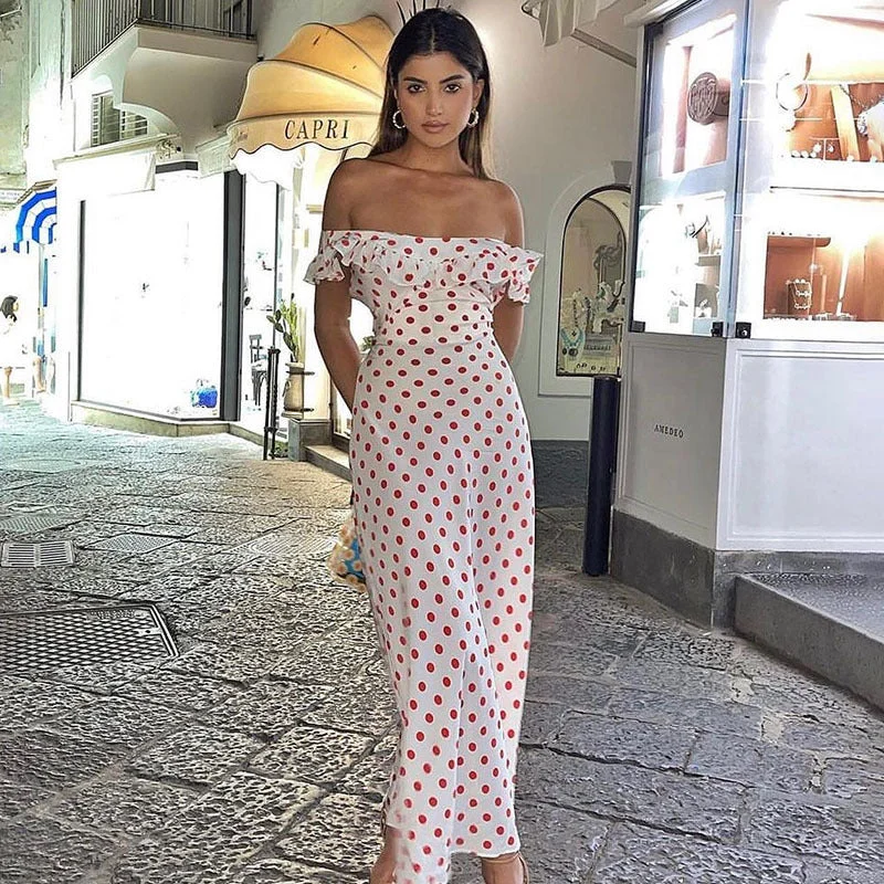Taryn Off-Shoulder Polka-Dot Maxi Dress Comfortable Long-Sleeve Maxi Dress