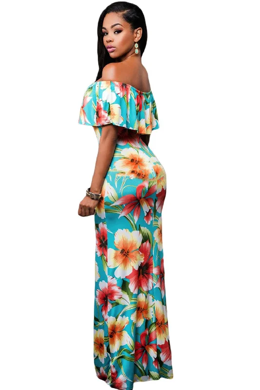 JuliaFashion - 2024 Turquoise Roses Print Off-the-shoulder Maxi Dress Comfortable Fitted Maxi Dress JuliaFashion - 2024 Turquoise Roses Print Off-the-shoulder Maxi Dress Comfortable Fitted Maxi Dress
