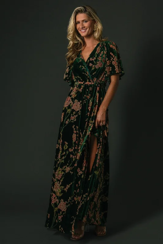 Uma Velvet Maxi Dress | Green Floral Comfortable T-Shirt Maxi Dress