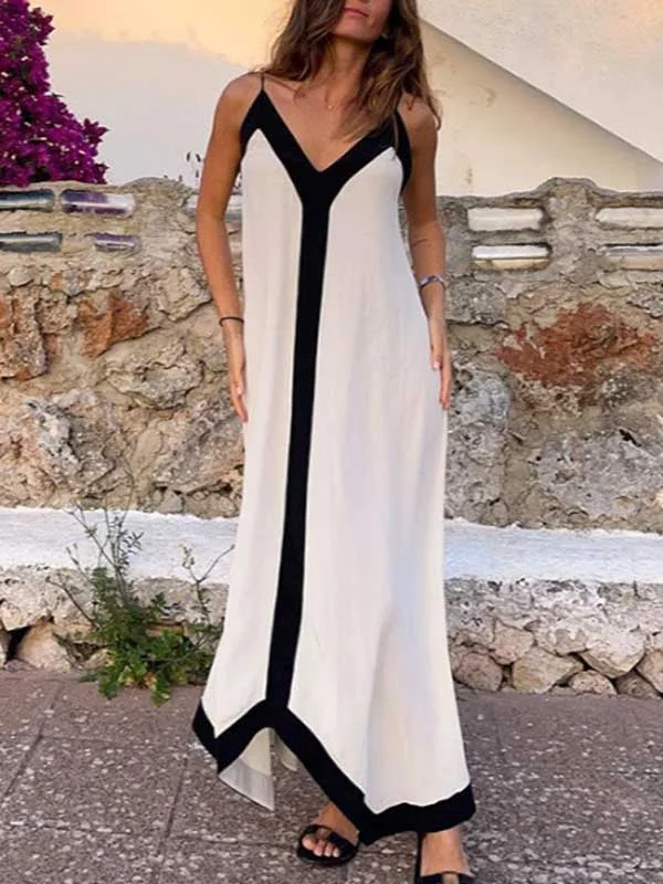 V Neck Bicolor Camisole Maxi Dress Fashionable Chiffon Tiered Maxi Dress