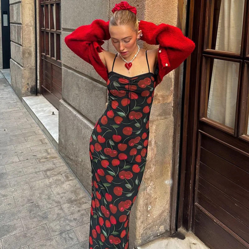 Vail Cherry Print Maxi Dress Comfortable Pleated Maxi Dress