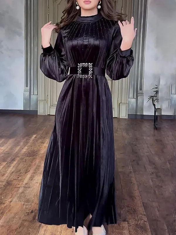 Velvet Pleated Belt Black Maxi Dress Elegant Floral Maxi Dress