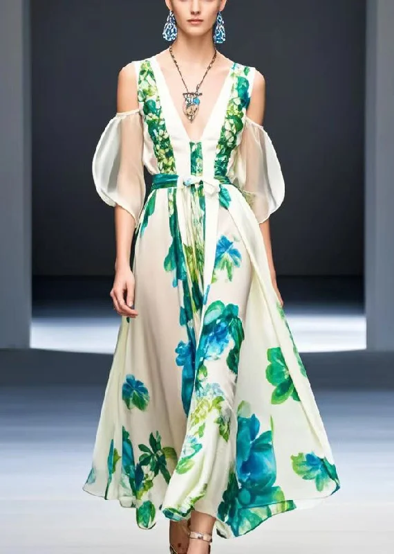Women White Cold Shoulder Print Silk Maxi Dresses Summer Elegant Lace Maxi Dress