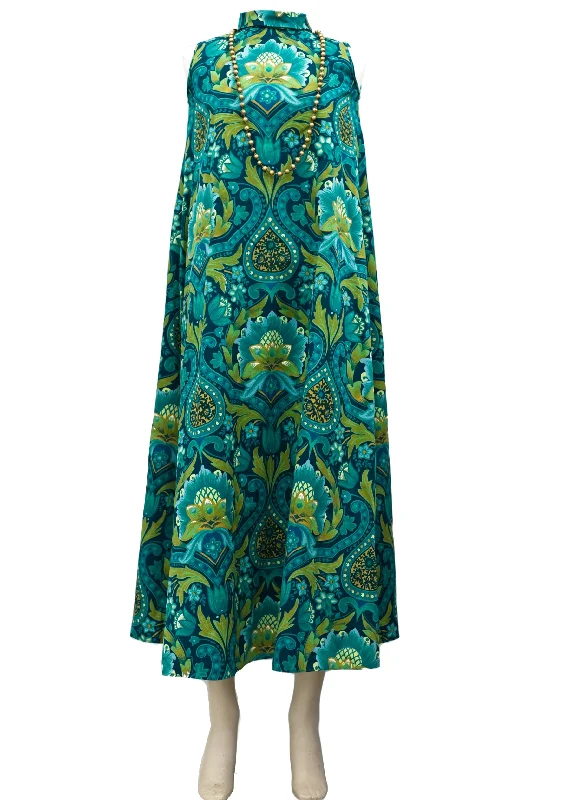 1960s Vintage Green Sleeveless Hostess Maxi Dress • Morris Print