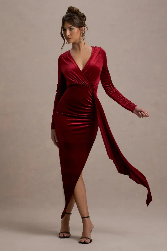 Arcadia | Berry Velvet Plunge-Neck Wrap Maxi Dress