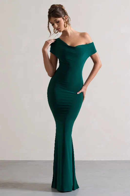 Avila | Bottle Green Asymmetric Bardot Maxi Dress