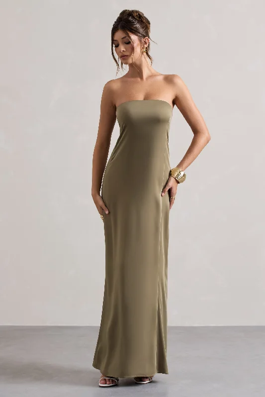 Azra | Olive Satin Bandeau Maxi Dress