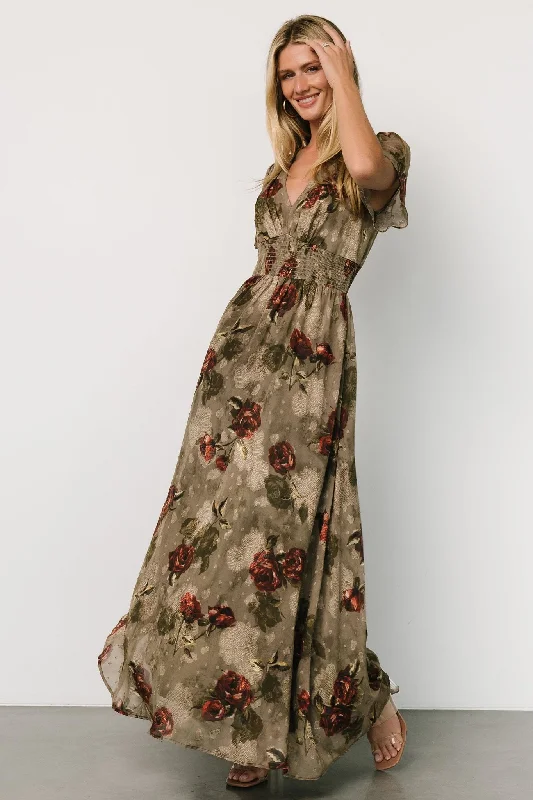 Birdie Maxi Dress | Olive Floral Cozy Maxi Dress with Slit