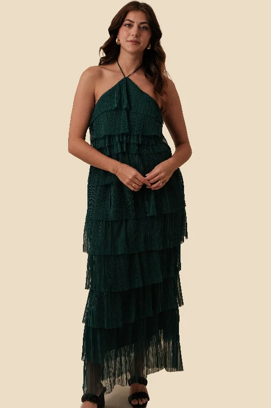 Bria Pleated Tulle Halter Maxi Dress (Green)