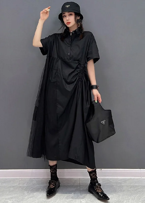 Chic Black Peter Pan Collar Cinched Button Tulle Patchwork Maxi Dresses Short Sleeve