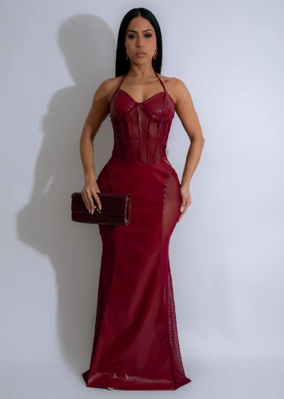 Eclipse Muse Mesh Faux Leather Maxi Dress Red