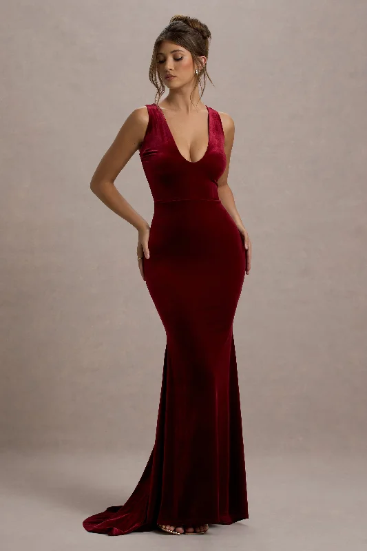 Elisabetta | Berry Velvet Plunge-Neck Fishtail Maxi Dress