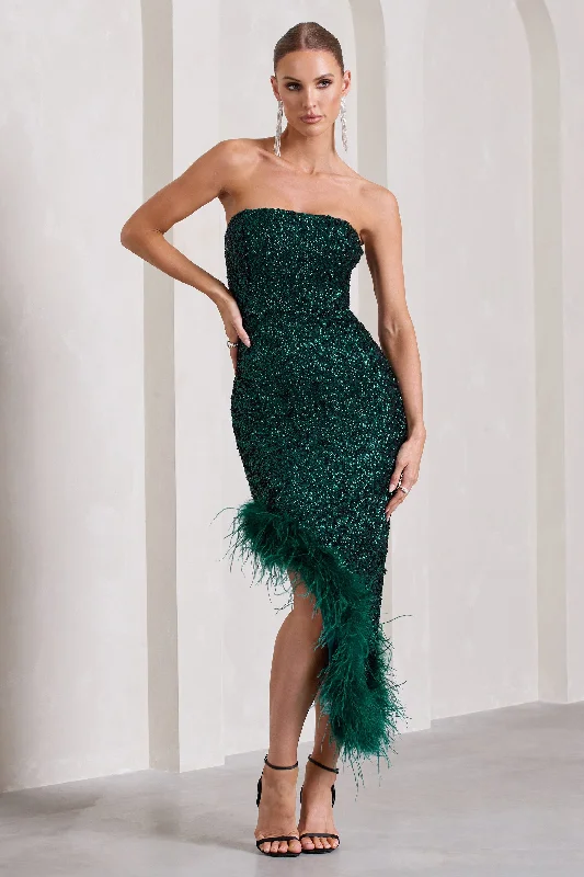 Emulate | Bottle Green Sequin Asymmetric Bandeau Maxi Dress With Feathers