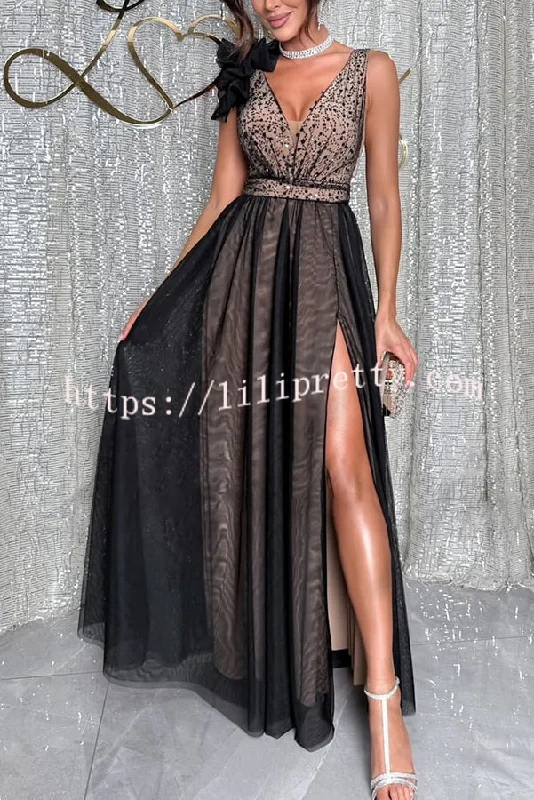 Everlasting Party Sequin Tulle Ruffles Shoulder Design Slit Maxi Dress