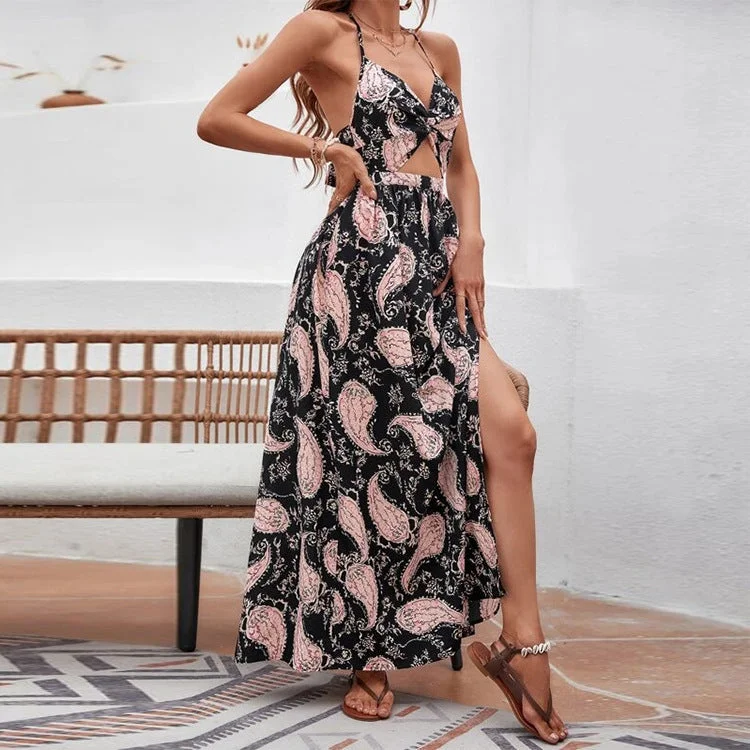 Flume Palm Print Cutout Slit Maxi Dress Fashionable High-Waist Maxi Dress