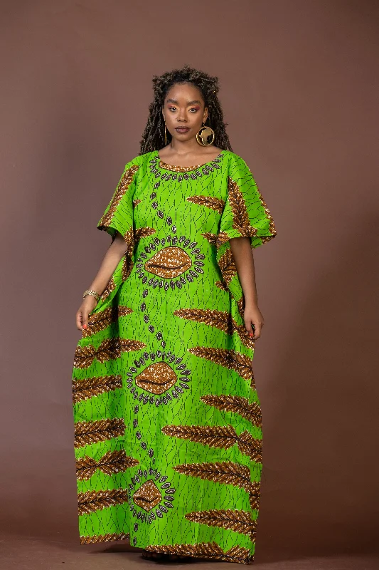 Geni Ankara Maxi Dress | Green and Brown African Print