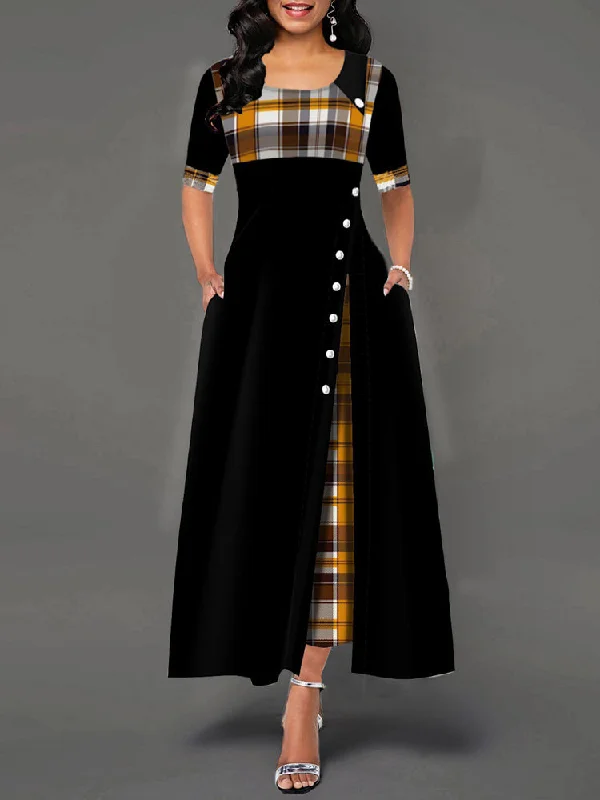 Casual Plaid Patchwork Short Sleeve Splited Swing Hem Maxi Dress