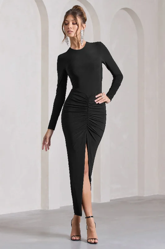 Katy | Black Ruched Long-Sleeve Split Maxi Dress