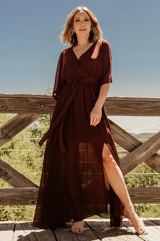 Kia Kimono Maxi Dress | Mahogany Comfortable Ruffle Maxi Dress