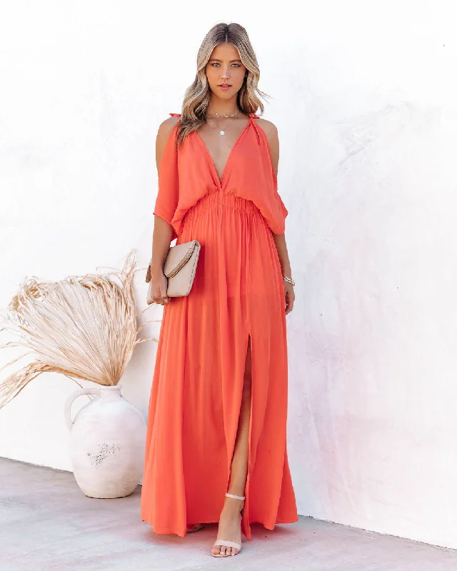 Korrine Cold Shoulder Maxi Dress - Coral Elegant Maxi Dress with Drapes