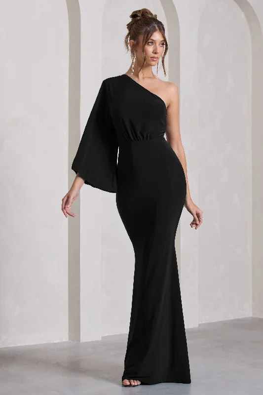 Luciana | Black One Shoulder Drape Sleeve Maxi Dress